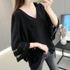 Hollow Out Organza White Chiffon Shirt for Women Summer New Korean Flared Sleeves Bottoming Blouse Loose V Neck Top L-4XL