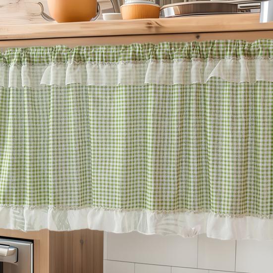 Karierter Kurzhang, Stangendurchzug oben, Ölrauch- und Staubschutzvorhang, rustikaler Vorhang für Küchen-Halbfenster und Schrankglasüren