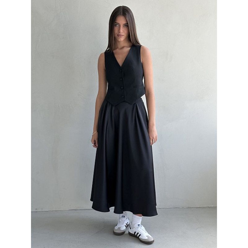 

European and American Skirt Elegant Elegant High Waist Satin Casual Skirt High Waisted Long Skirt Black L