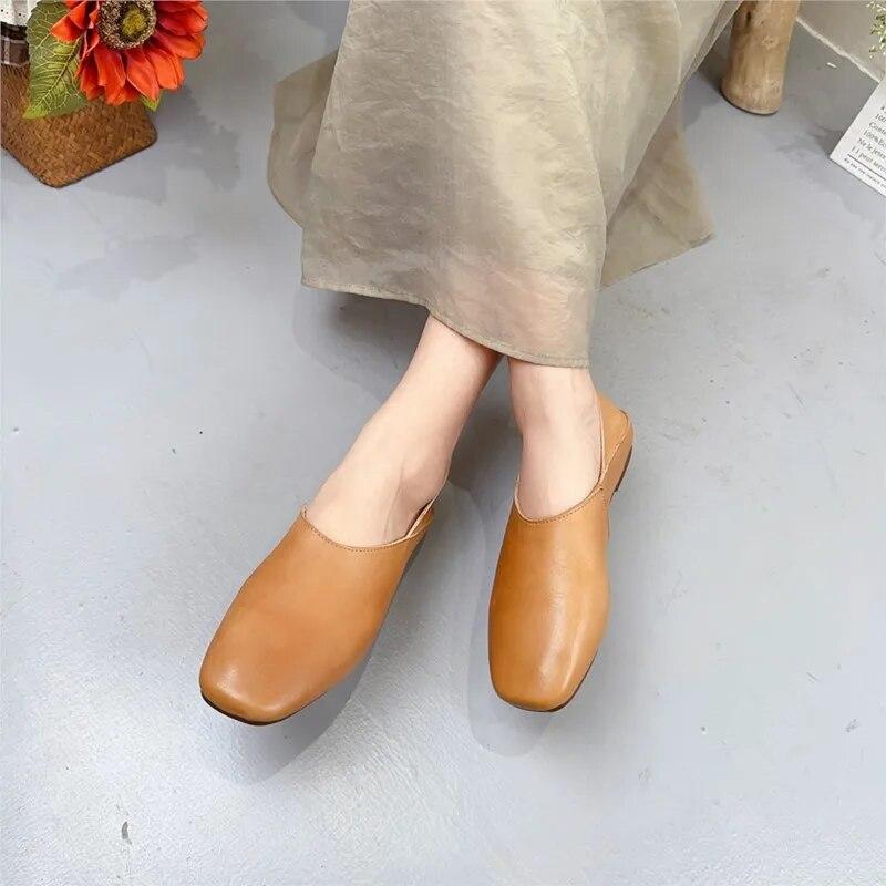 Johnature Zapatos planos poco profundos de cuero genuino con punta redonda y suela blanda, mocasines casuales de color sólido para mujer