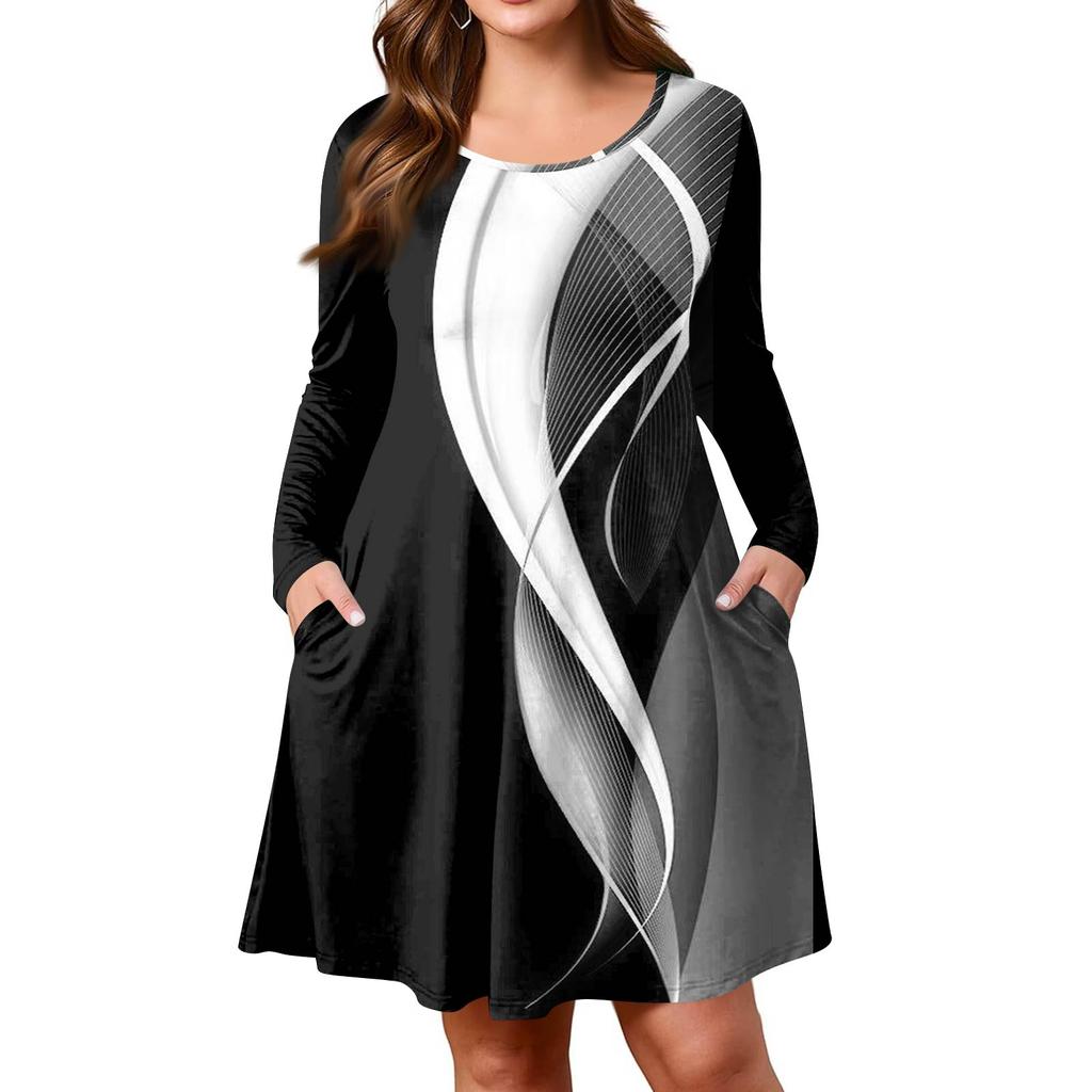 Plus Size Women's Gradient Print Casual Spring/Autumn Pocket Round Neck Long Sleeve Dress