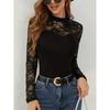 New Autumn and Winter Fashion Lace Patchwork Long Sleeved Small Stand Collar Pullover Base T-shirt Top for Women