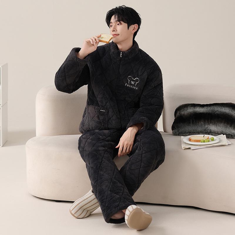 Pajamas Men'S Winter Velvet Winter Warm Three-Layer Thickened Padded Jacket Coral Fleece Loungewear Set Winter
