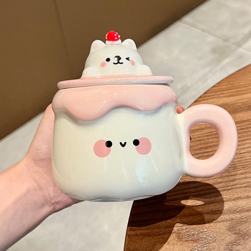 Gift Super Cute Pudding Mug Household Ceramic Water Cup with Lid Spoon Coffee Cup Souvenir