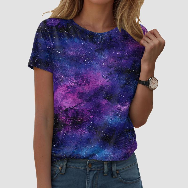 Topp Blus Kvinna Trend 2025 Kvinnor 3d Galaxy Tryck T-shirts Glitter Skjortor Blus Trendig Stjärnklar Himmel Sommar Ropa Para Mujer