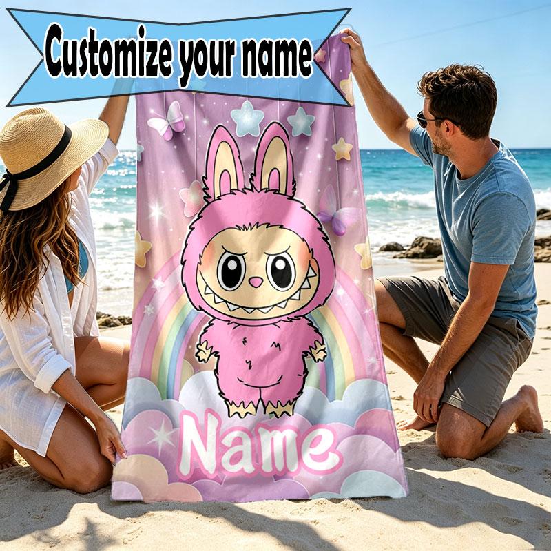 Asciugamano da Spiaggia Personalizzato con Nome e Stampa Labubu, per Viaggio Campeggio Festa in Spiaggia Decorazione per la Casa, Regalo di Compleanno per Famiglia e Amici