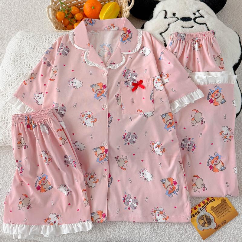 Sweet and Cute Puppy Style Casual Imitation Cotton Edge Pajamas Women's Summer Short-sleeved Three-piece Set
