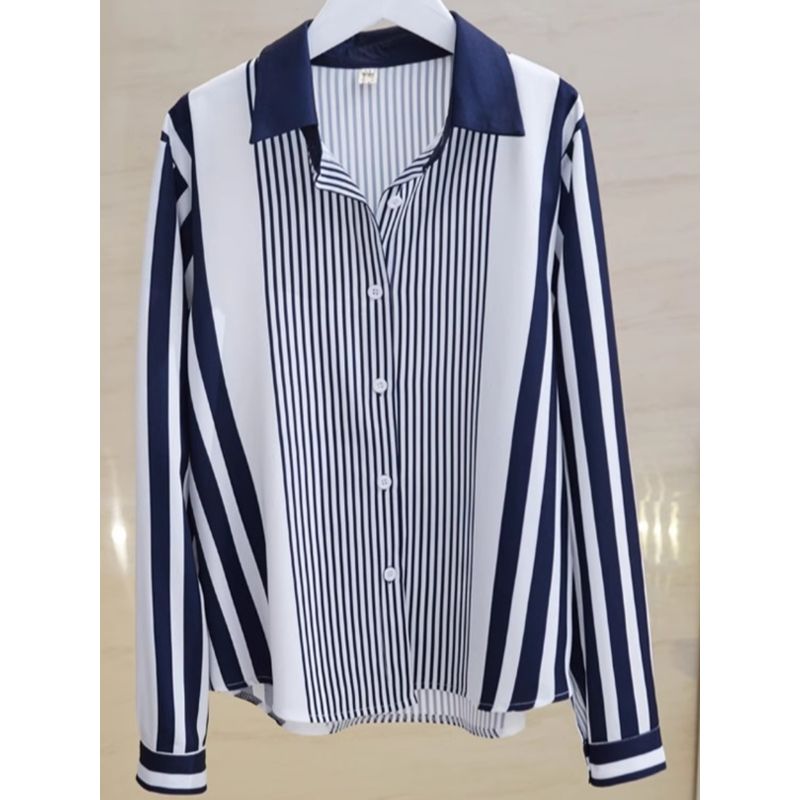 Fall New Arrival Plus Size Women's Clothing Fat Sister Fashion Single-Breasted Stripes Chiffon Long Sleeve Shirt Top Trendy S-4XL