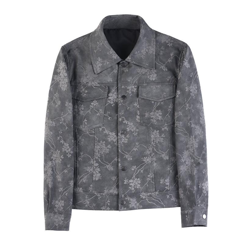 Autumn new trendy brand locomotive flower men's PU leather jacket jacket zipper lapel top pocket zipper