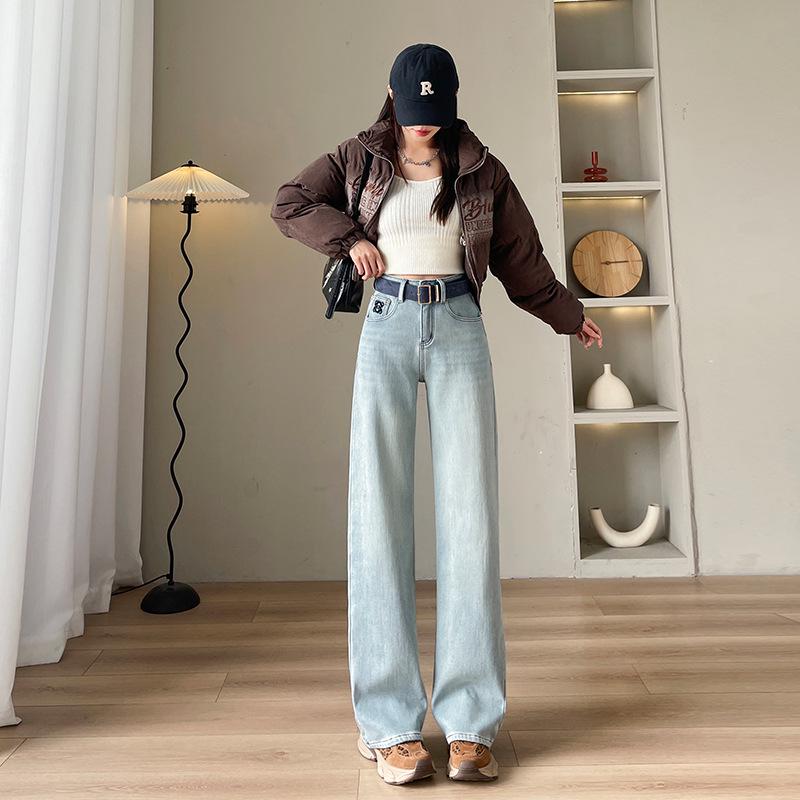 

Женские джинсы с высокой посадкой, светло-голубые, с вышивкой, прямого кроя, весна 2025 - Свободный крой, зауженный широкий крой 2XL