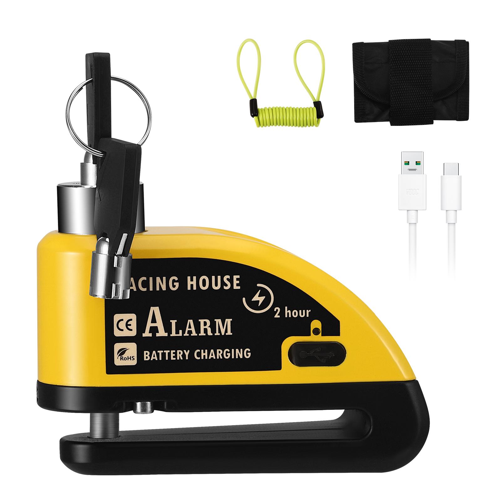 

Перезаряжаемый навесной замок для мотоциклетной сигнализации, дисковый замок, 110 дБ, противоугонная сигнализация для мотоцикла, велосипеда с кабелем-напоминанием длиной 1,5 м жёлтый