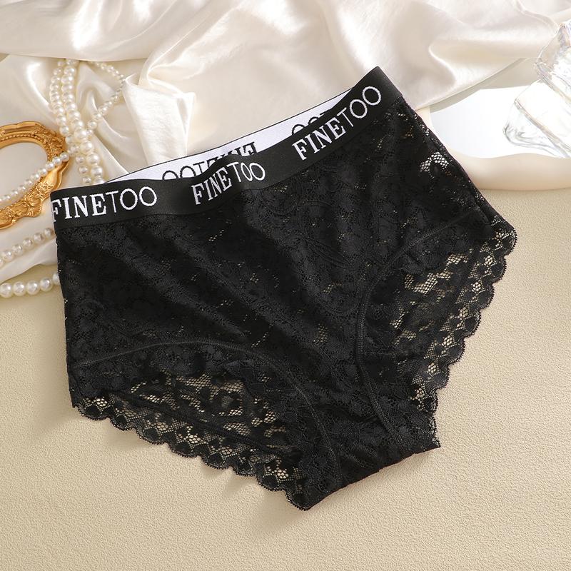 FINETOO Sexy Lace Briefs Embroidered Letter Belt Panties Women Plus Size Perspective Underwear Ladies Breathable Lingerie S-3XL S