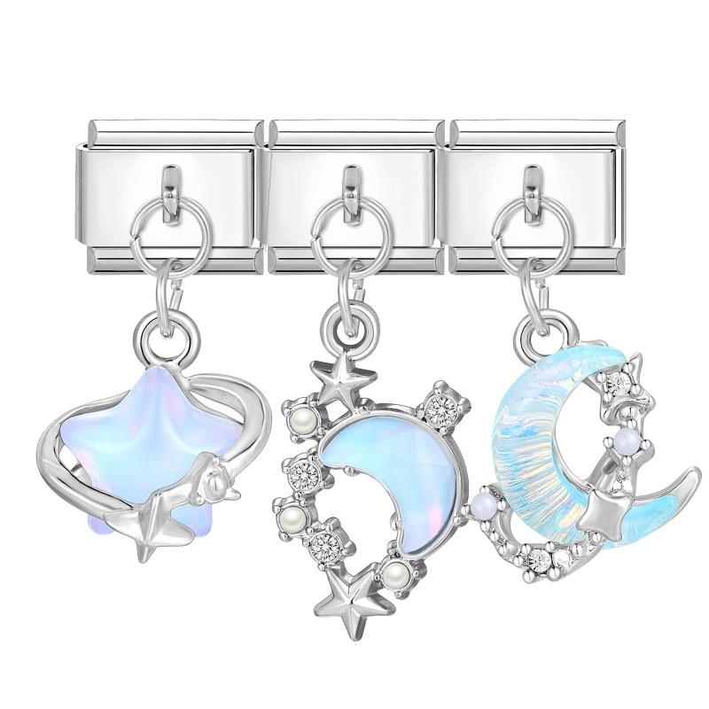 Y2K 3PCS Colorful Crystal Zircon Pendant Moon Star Bow Italian Charm Links Stainless Steel Fit 9mm Bracelet Jewelry DIY Making
