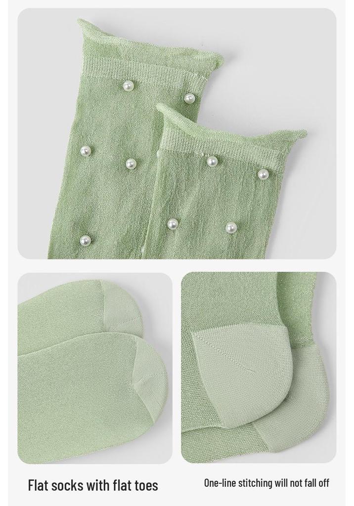 Renaissance Pearl Mid-Calf Women's Socks: Original Thin, Solid Color, Puffy Ins Style.