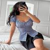 Summer Lace Collar Puff Sleeve Shirt Fashionable Striped Slim Versatile Short-sleeved Top