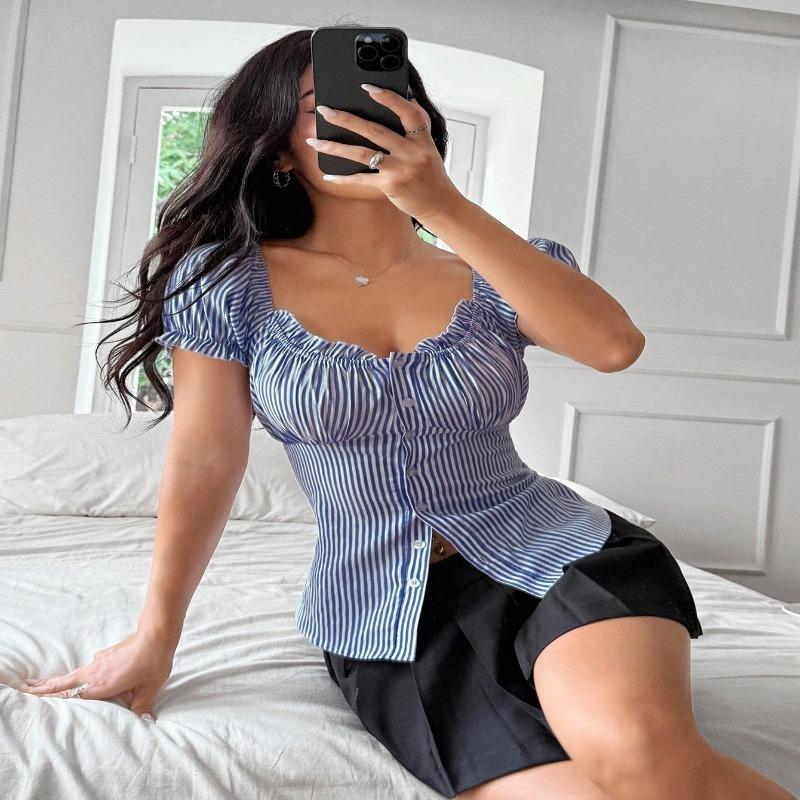 Summer Lace Collar Puff Sleeve Shirt Fashionable Striped Slim Versatile Short-sleeved Top