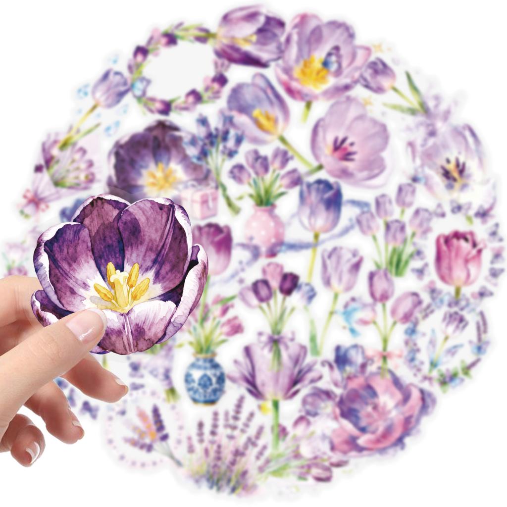 56pcs Watercolor Lavender Stickers Set Purple Bouquet/Vase/Small Object Elements Artistic Journal Laptop Decor PET Stickers Pack