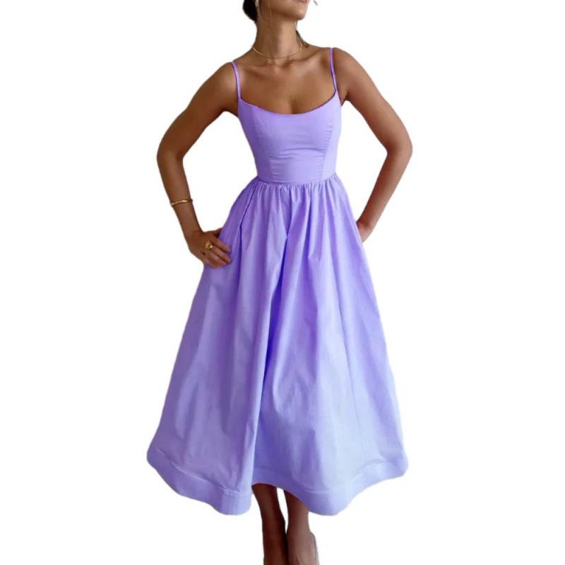 Women Summer Dress Solid Color U Neck High Waisted Pleated Halter Swing Dress