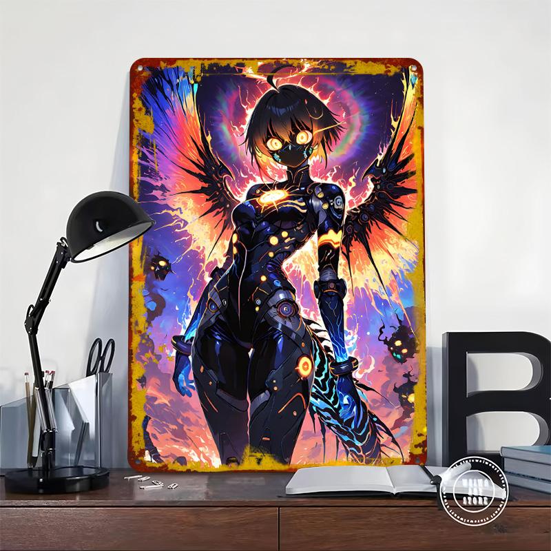 Cyberpunk Angel With Fiery Wings Tin Plaque Poster Customized Wall Art Retro Vintage Metal Signs for Man Cave Room Decoration