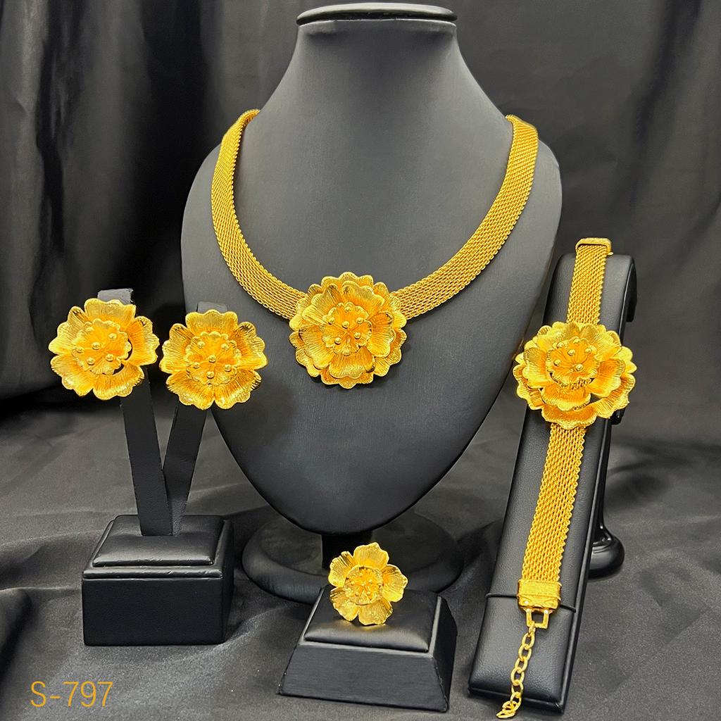 2026 Summer Dubai 24k Gold Bridal Jewelry Set Necklace Earrings Bracelet Ring Middle East Africa
