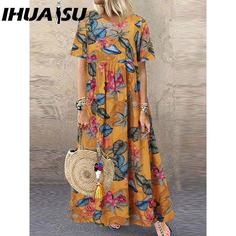 IHUASU Women's Fashion Summer Spring Solid Color Print Short Sleeve O-Neck High Waist Casual Dresses