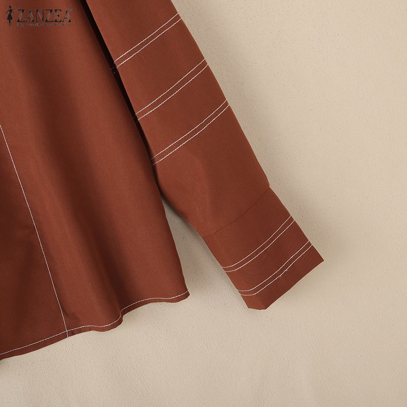 ZANZEA Women Casual Turn Down Collar Solid Color Loose Long Sleeve Blouse