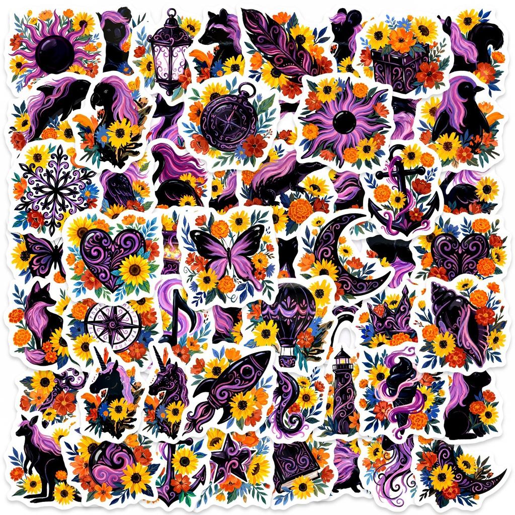 56 Gothic Dark Wind Waterproof Purple Flower Animal Stickers, Water Cup Notebook Decorative Stickers
