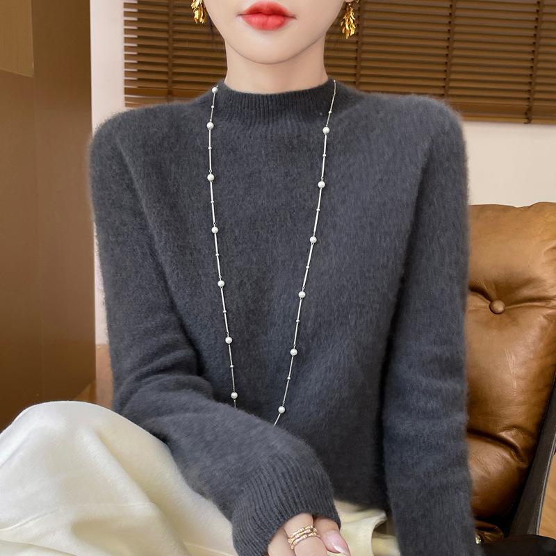 

Осень Зима Бесшовный Короткий Полувысокий Воротник Свободный Базовый Пуловер Вязаный Женский Свитер для Готовых к Первой Линии Свитеров XXL темно серый