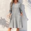 Women's Color V-Neck Long Sleeve Button Front Dress with Pockets Casual Elegant Wear