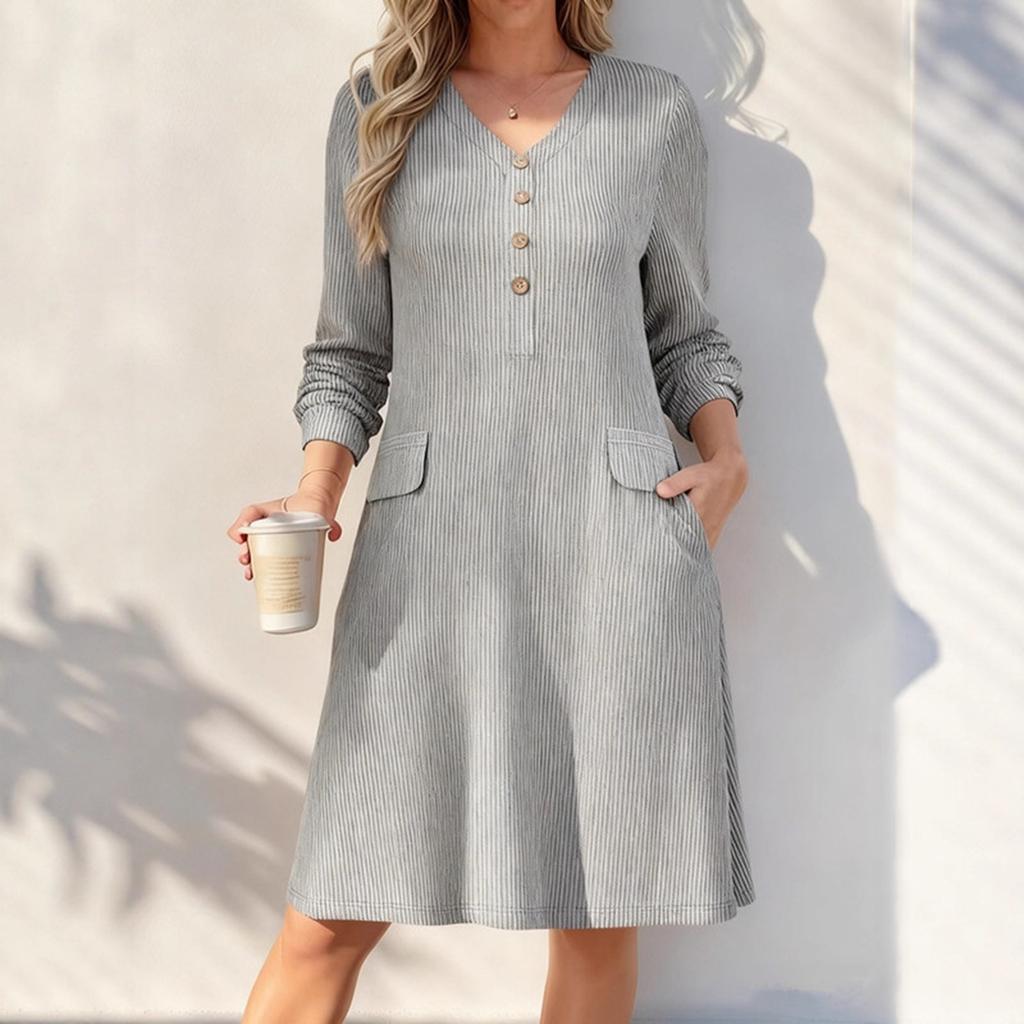 Women's Color V-Neck Long Sleeve Button Front Dress with Pockets Casual Elegant Wear