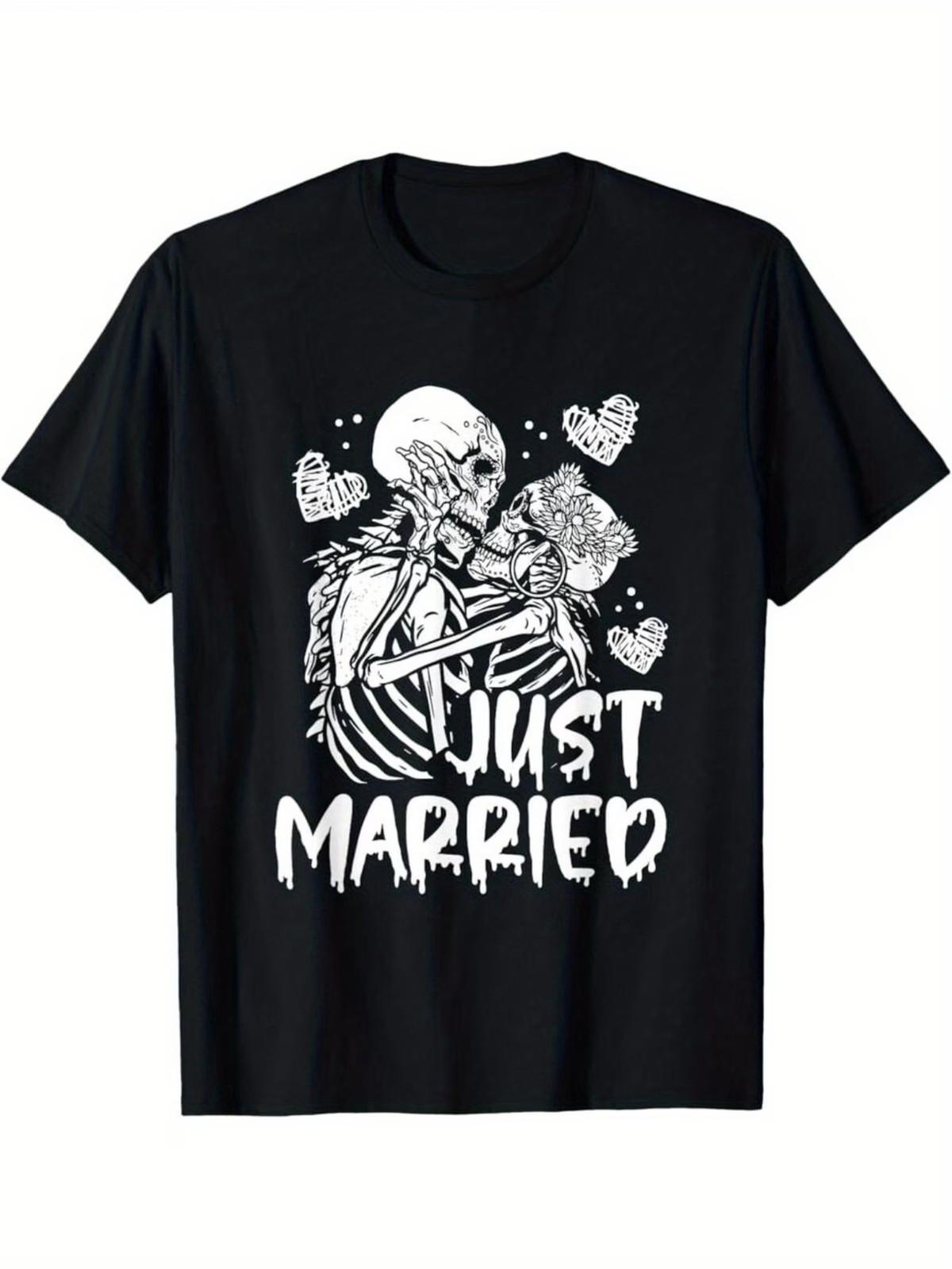 Just Married Halloween Skeleton Bride And Groom Wedding T-Shirt Summer Comfortab S