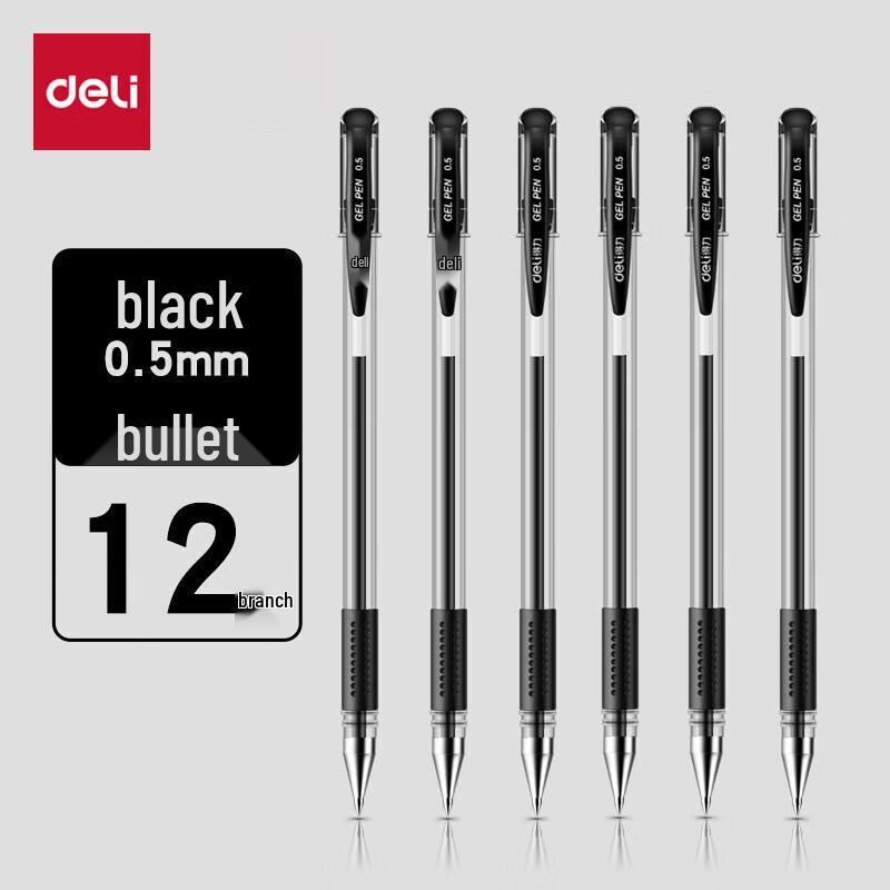 Deli 0.5mm Black Gel Pen, Bullet Tip, 12-Pack