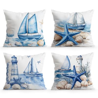 4pcs/set Marine Watercolor Style Cushions Pillowcase Polyester Cushion Cover Throw Pillow Pillowcover Home Car Sofa Decor