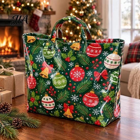 Reinforced Handle Carrying Bag Christmas PVC Tote Bag, Large Waterproof Shoulder Santa Deer Tree Stylish Holiday Gift Print, Reusable Grocery