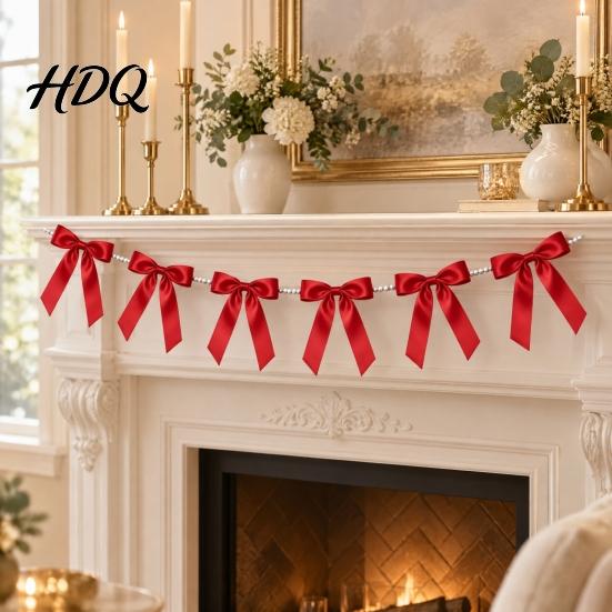 Bridal Shower Photo Props Bow Garland Banner Satin Ribbon Bows with Faux Pearl Chain 2m Bowknot Banner for Wedding Wedding Shower Bachelorette