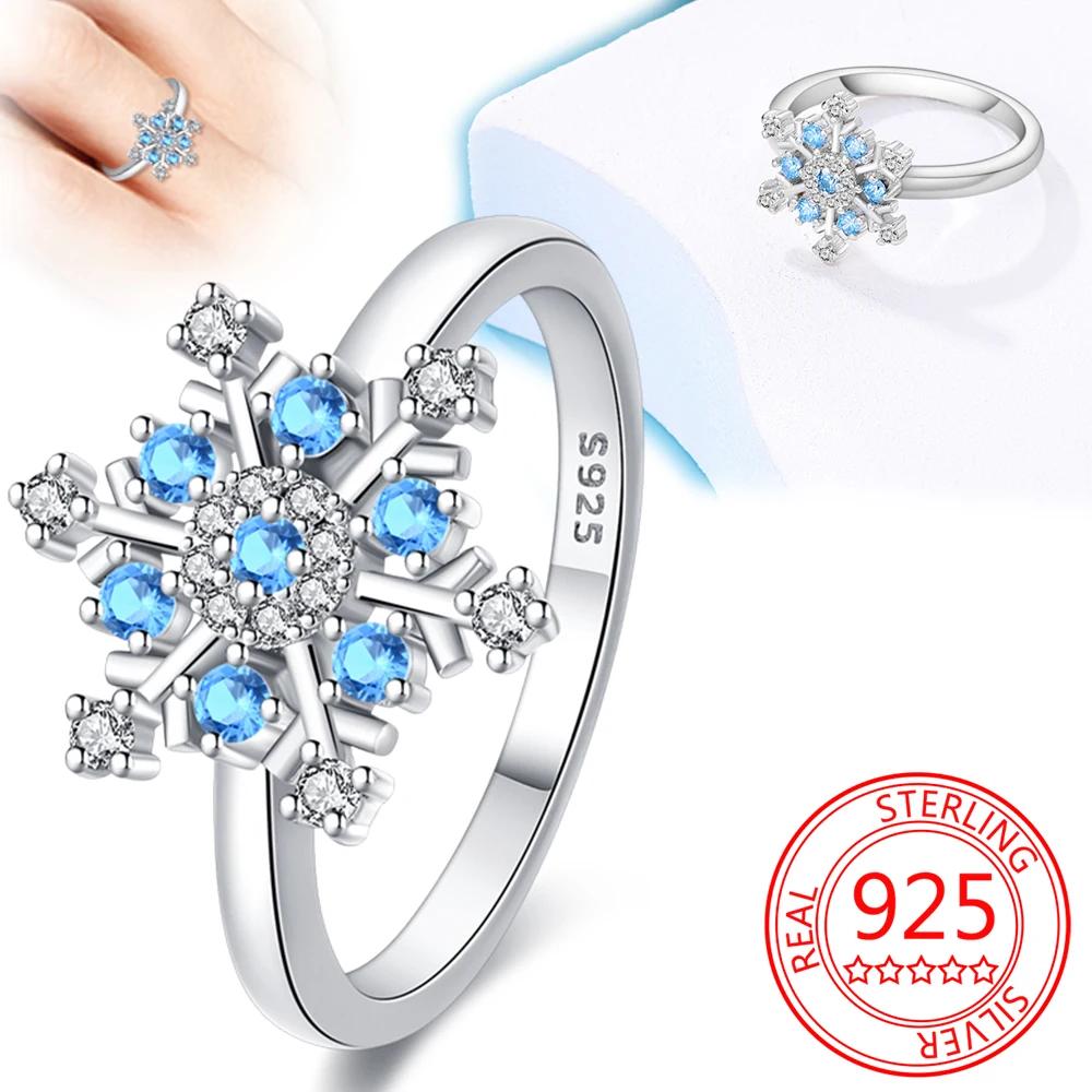 Women Ring copper Blue Zircon Snowflake Ring Winter Christmas Wedding Party Romantic Jewellery Gift High Quality