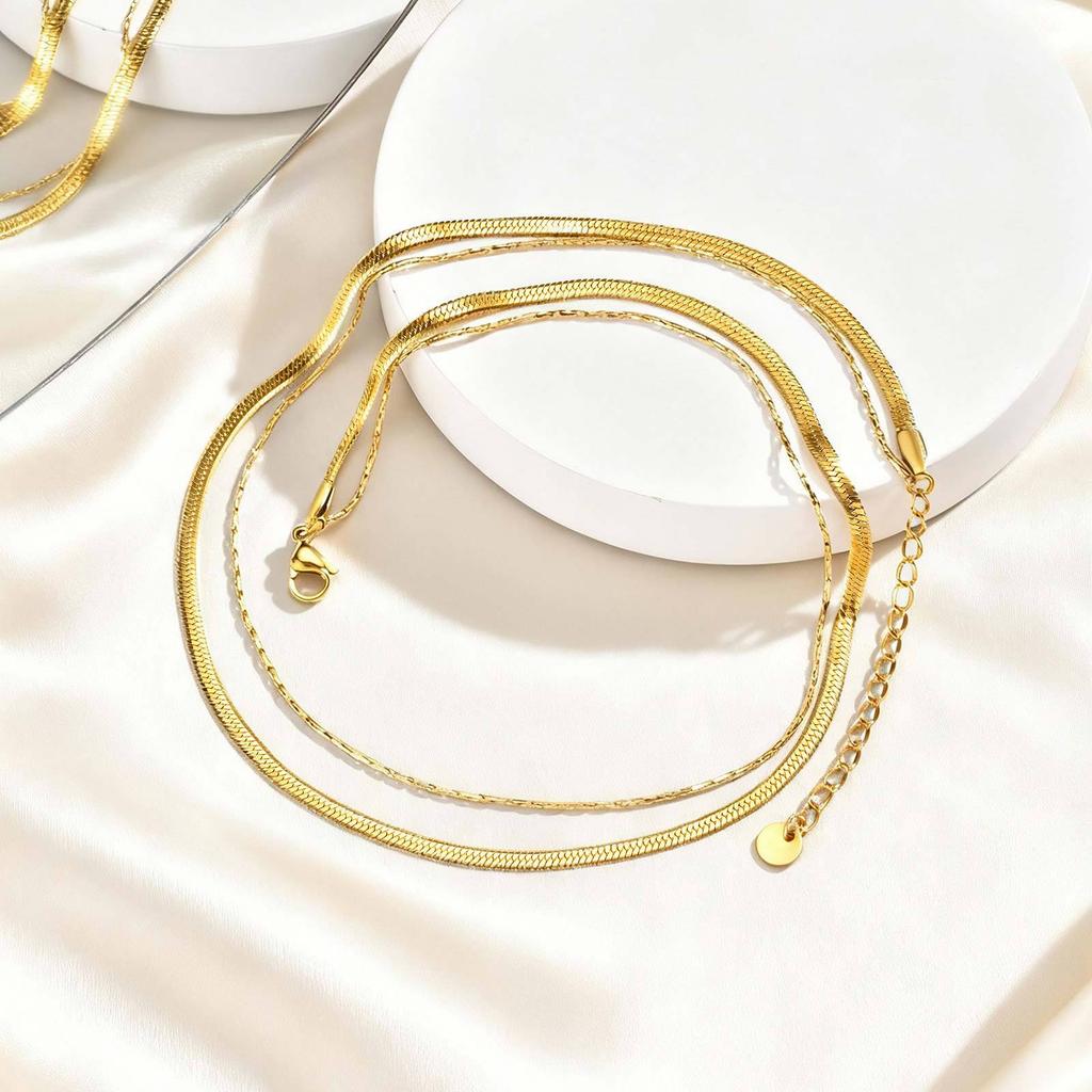 18K Gold-Plated Stainless Steel Blade Chain Hammer Round Chain Double-Layer Necklace Wind Simple Collarbone Chain Female Nc-1367