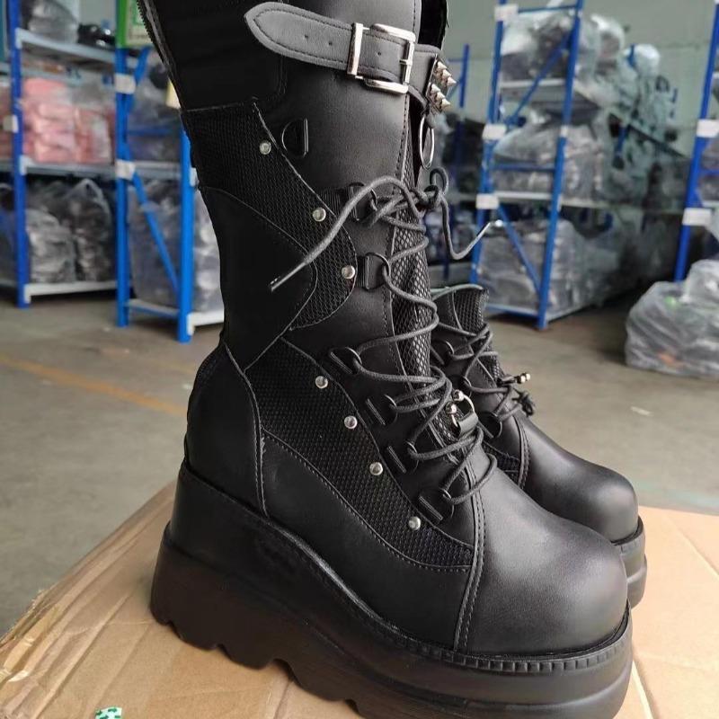 Fashion Women Boots Fashion Rivet Buckle Punk Wedges Middle Boots Halloween Cosplay High Quality Platform Womens Boots 35-43 Botas Mujer