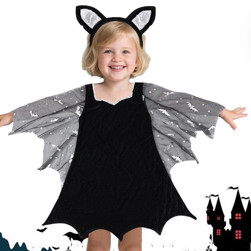 2Pcs Bat Wing Dress Bat Ears Headband Halloween Vampires Cosplay Costume Set for Kids Girls Bat Costumes Accessories