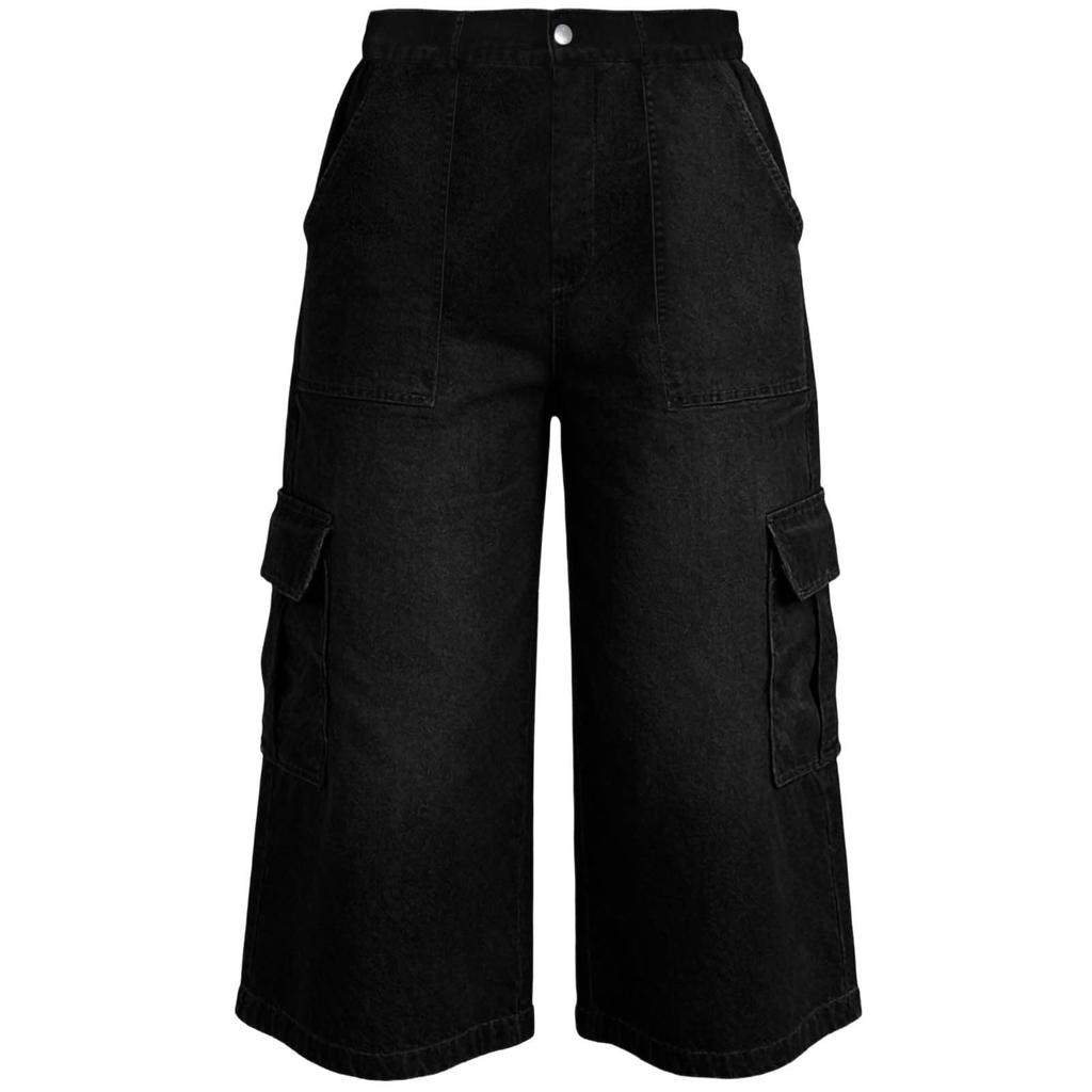 Women Denim Capri Pants Casual Loose Fit Mid Rise Stretchy Fabric Seven Quarter Length Cargo Style with Pockets