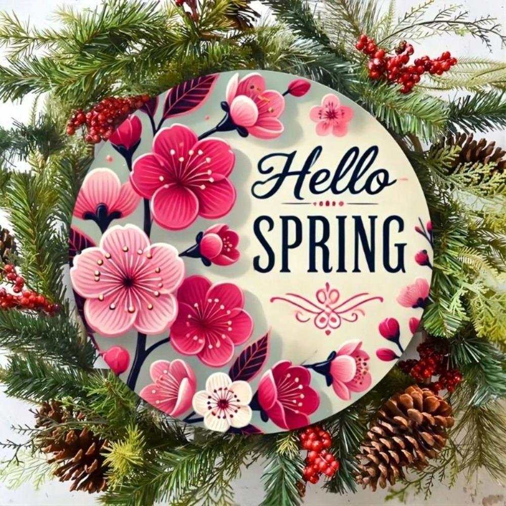Metal Wall Art Hello Spring Pink Sakura Circle 20x20cm Bedroom Decor