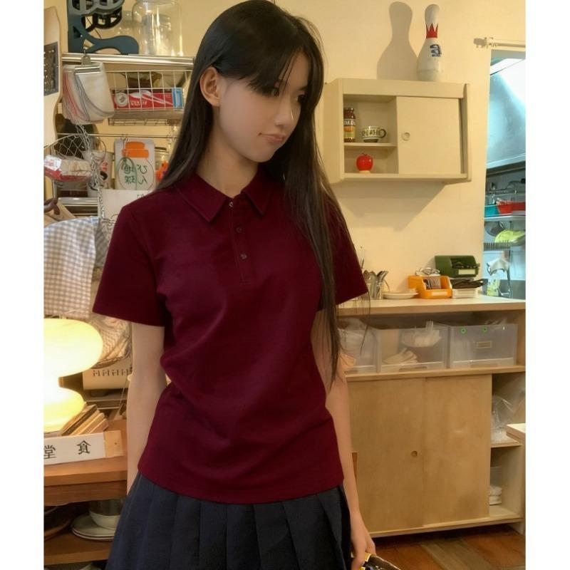 Damen Weißes Polohemd Kurzarm Lässig Normale Passform Basic Top Täglich Schule Streetwear Bluse