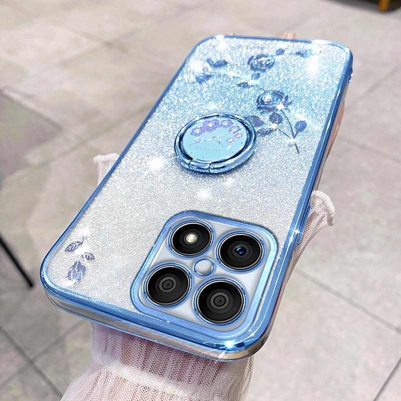 

KADEM For Honor X8 4G/X30i Glitter Gradient TPU Phone Case Ring Kickstand Rhinestone Flower Anti-drop Cover Blue