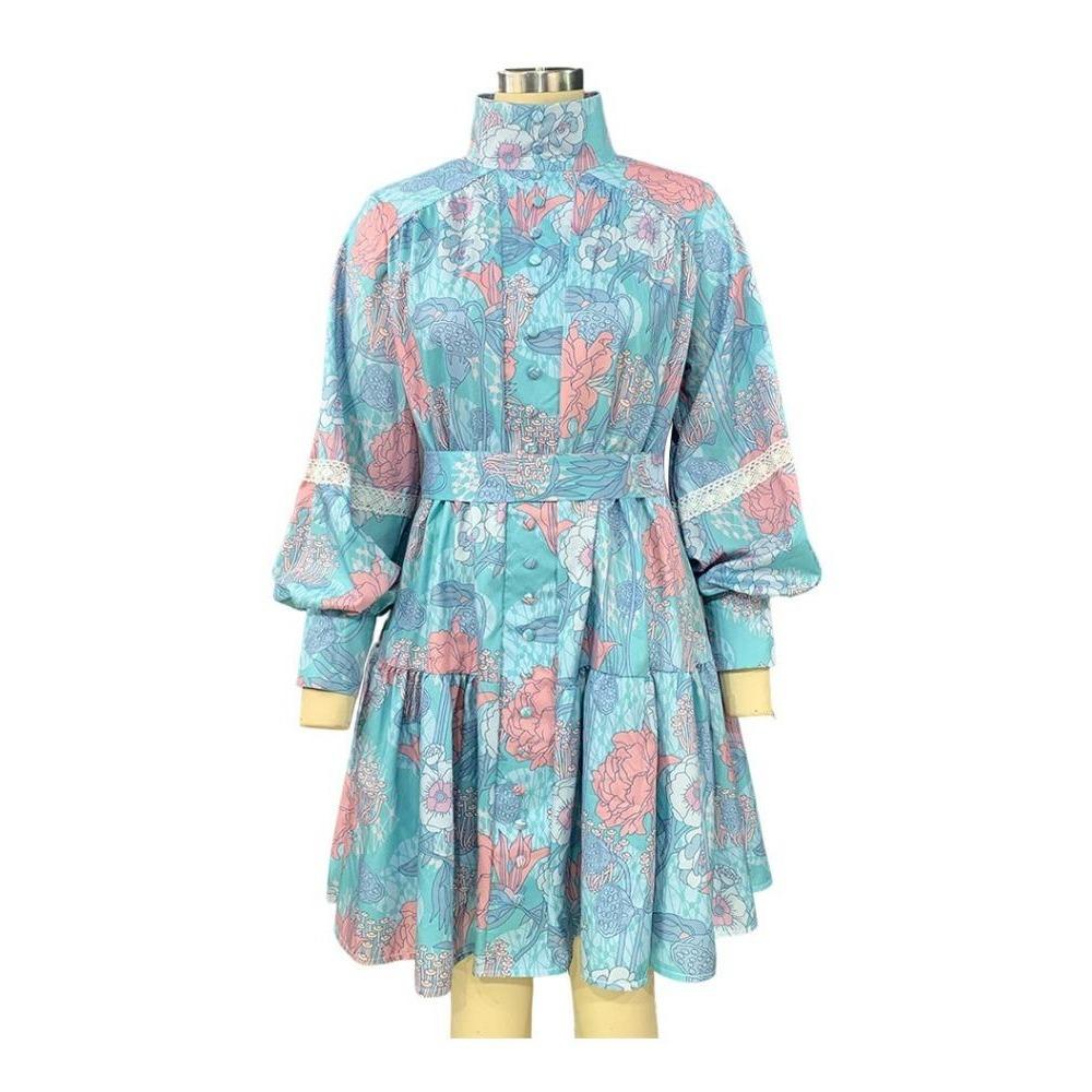 Mode Lose Druck Damen Kleid Vintage Stehkragen Langarm Mini Kleider Elegante Hohe Taille Plissee Weibliche Kleid