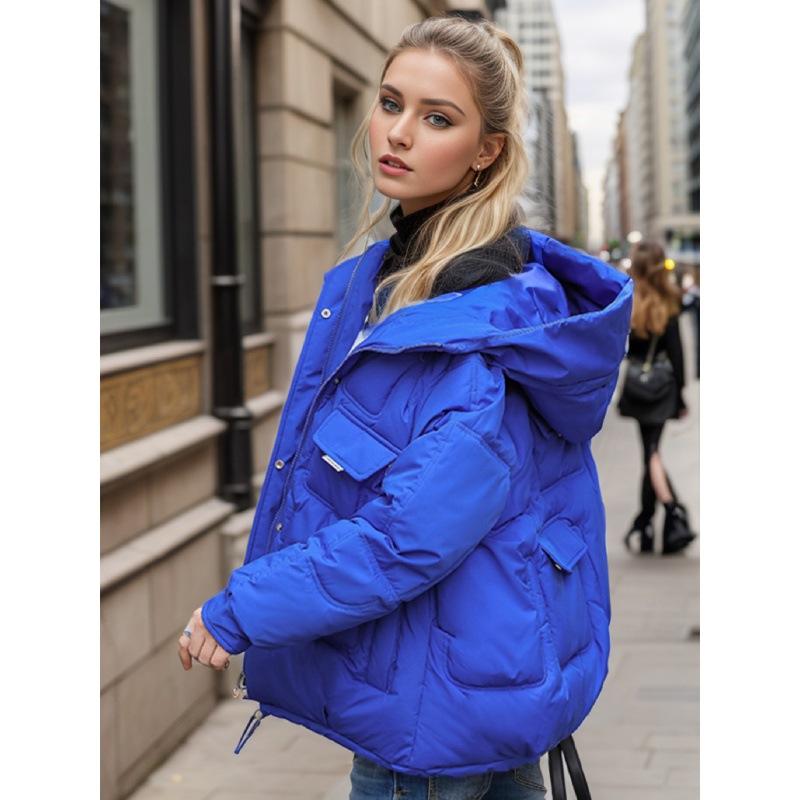 

Нова жіноча повсякденна пухова бавовняна коротка куртка з капюшоном, зимова легка куртка на шнурках із застібкою-блискавкою та кишенями, однотонна тепла коротка пухова куртка 2XL синій