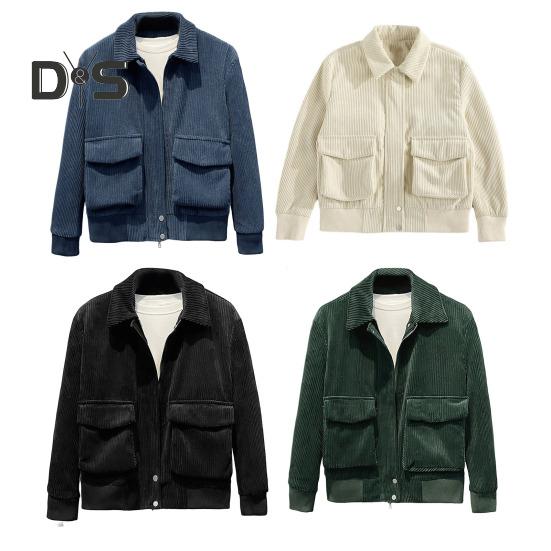 Men Corduroy Jacket Lapel Long Sleeve Flap Pockets Full Zipper Closure Solid Color Jacket Casual Outerwear