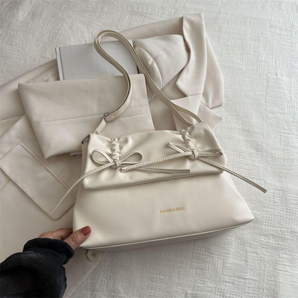 Sweet Y2K Bow Underarm bag Large Capacity Solid Tote Bag Ins PU Leather Shoulder Bag  Women