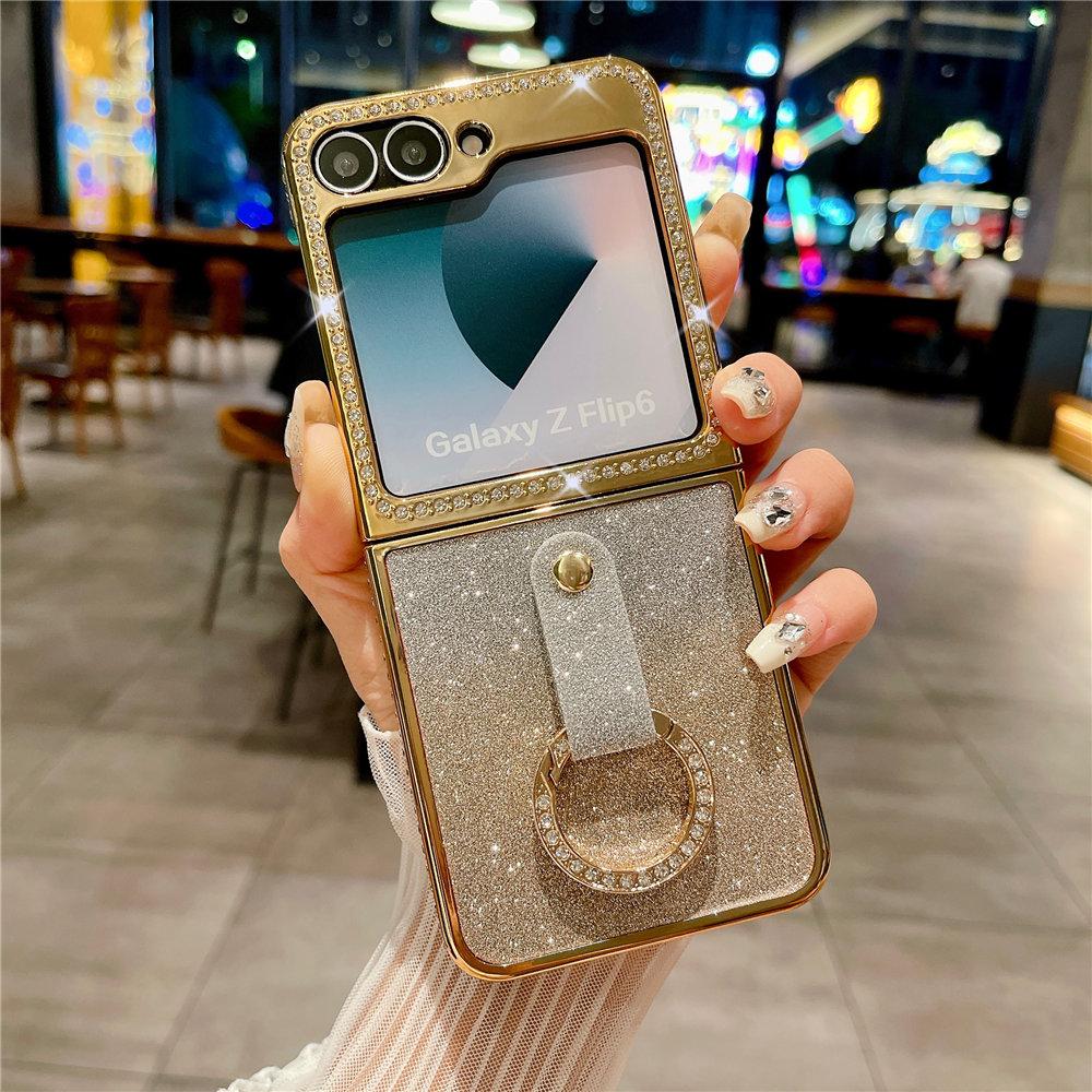 Leather Plating  Ring Phone Case For Samsung Galaxy Z Flip 7 6 Flip 5 Zflip 4 3 Bling Diamond Shockproof Cover Funda