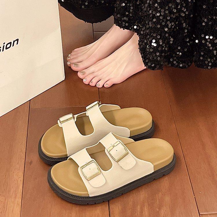 Thick-soled Cool Slippers for Women To Wear Summer New Retro Leather Buckle One-word Slippers Beach Casual Sandals