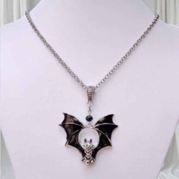Gothic Bat Pendant Necklace, Vintage Style, Black & Red Charm Necklace, Original Designer Necklace